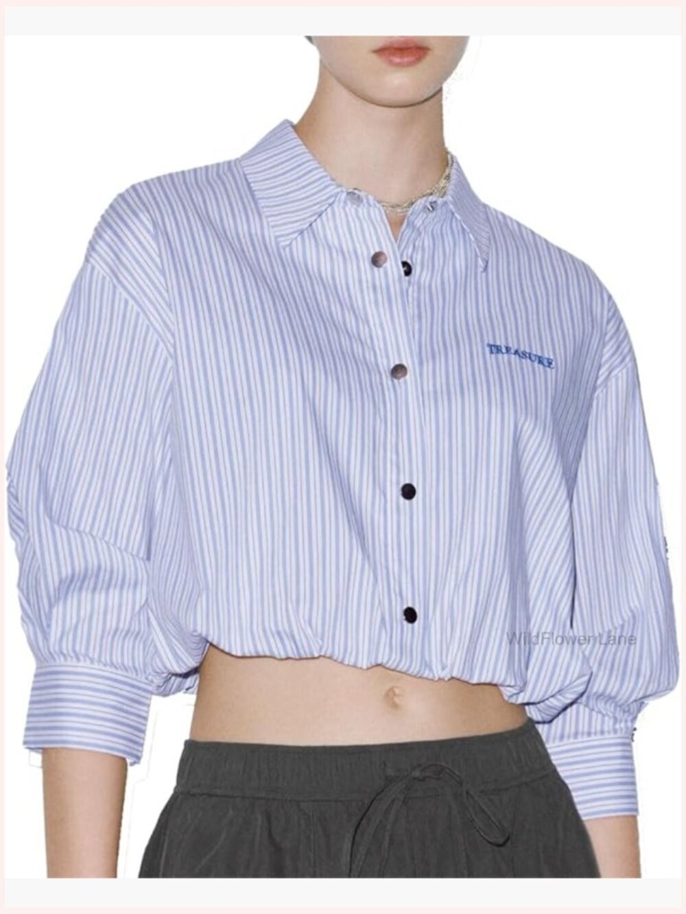 Striped Crop Button Down Shirt 3/4 Sleeve Cotton Blend Knit
